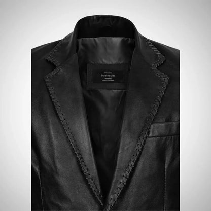 Black blazer style Real Leather Quilted Coat with stitched lapel detailing from My Store