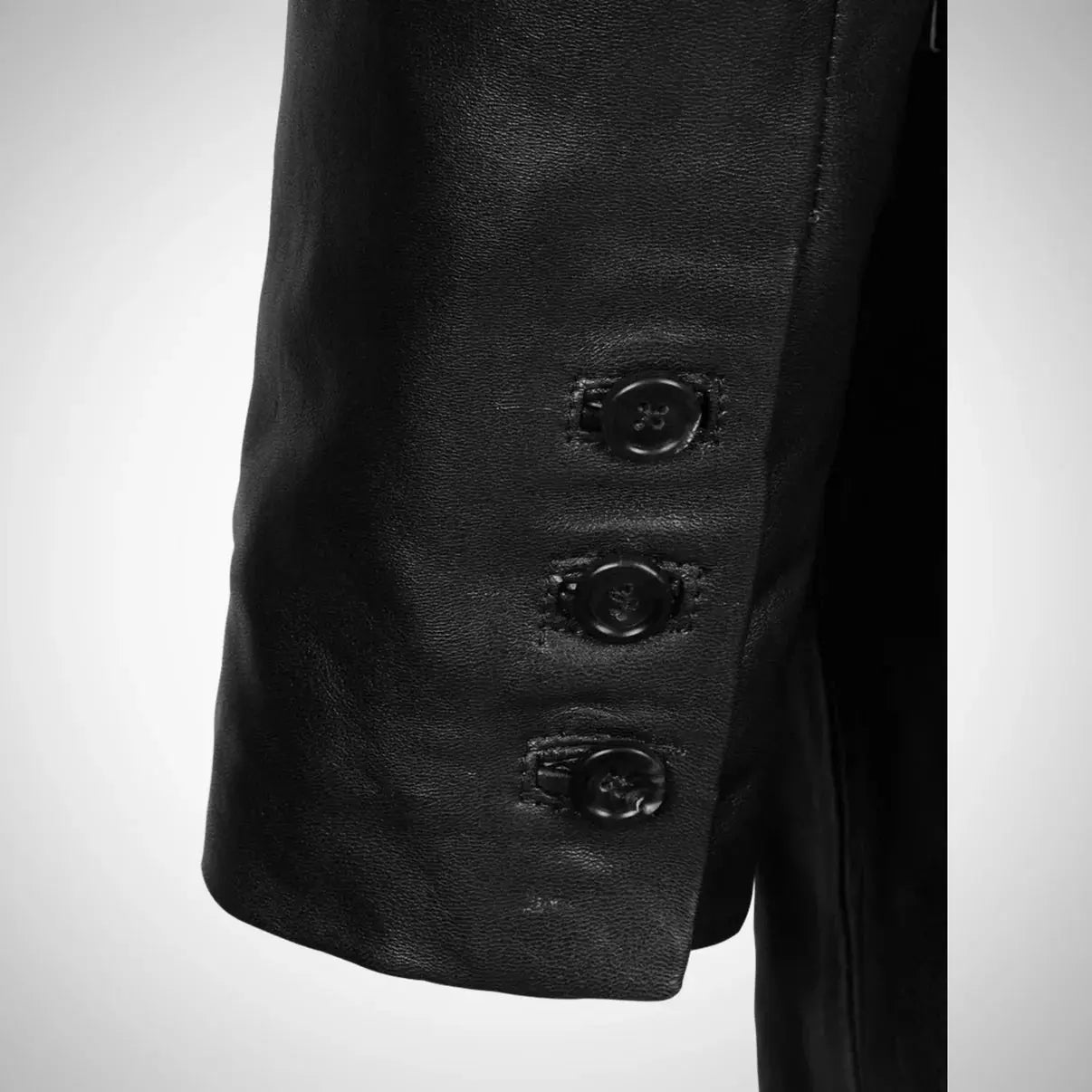 My Store Real Leather Quilted Coat black leather sleeve close up showing three button cuff detail