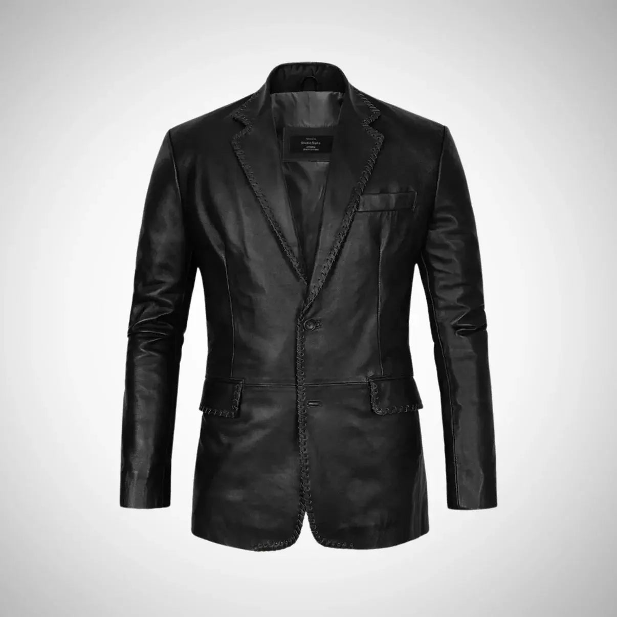 My Store Real Leather Quilted Coat black tailored blazer style jacket with braided trim and flap pockets