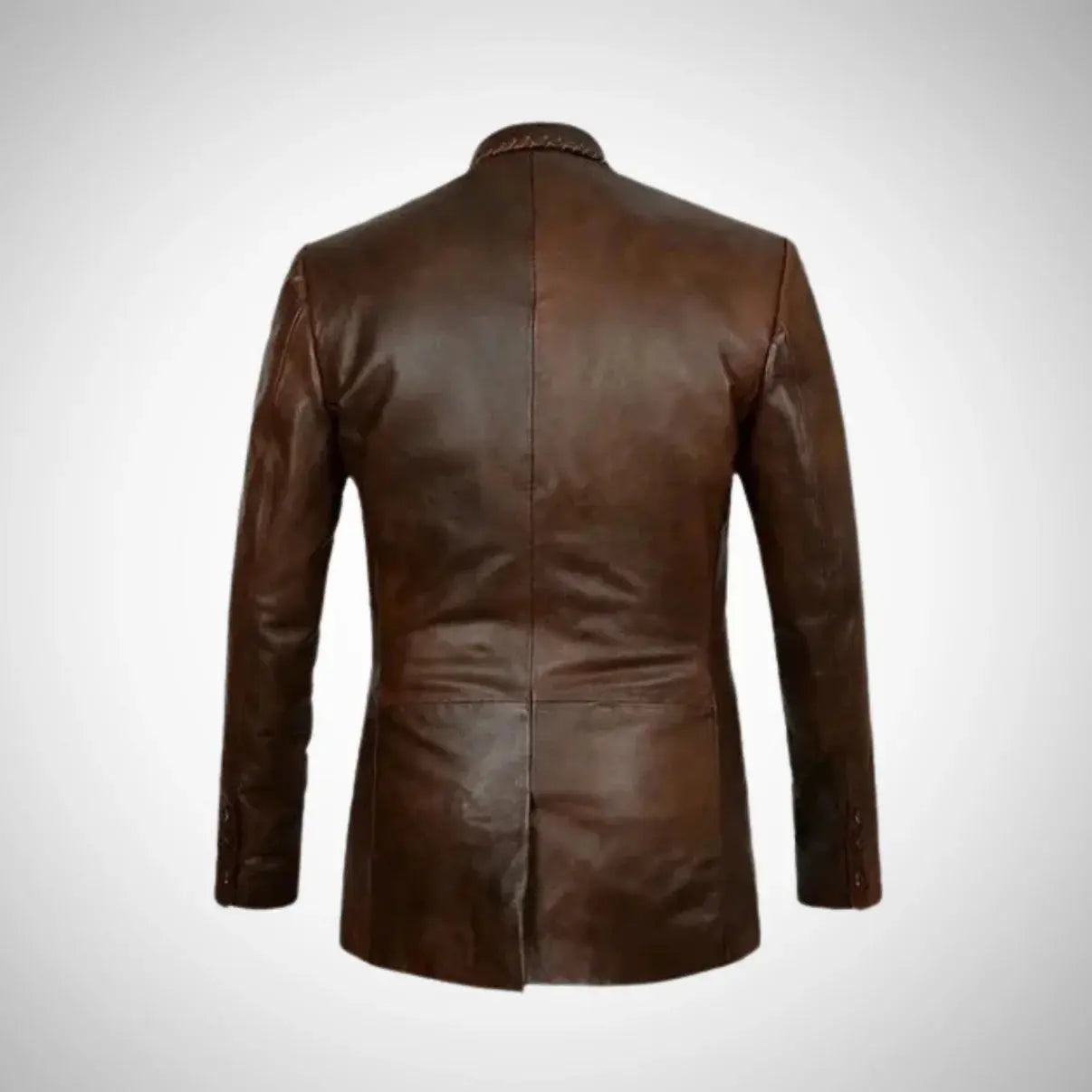Real Leather Quilted Coat back view in brown leather blazer style jacket with center vent and long sleeves