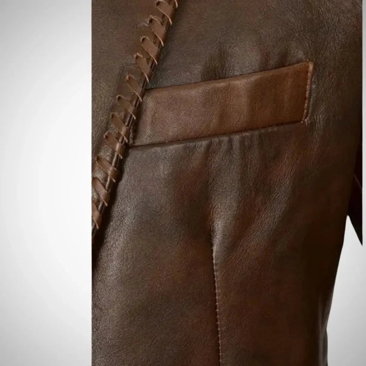 My Store Real Leather Quilted Coat brown leather jacket closeup showing pocket and braided seam detail