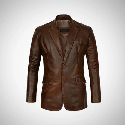 My Store brown blazer style Real Leather Quilted Coat with stitched trim and tailored fit for smart casual wear
