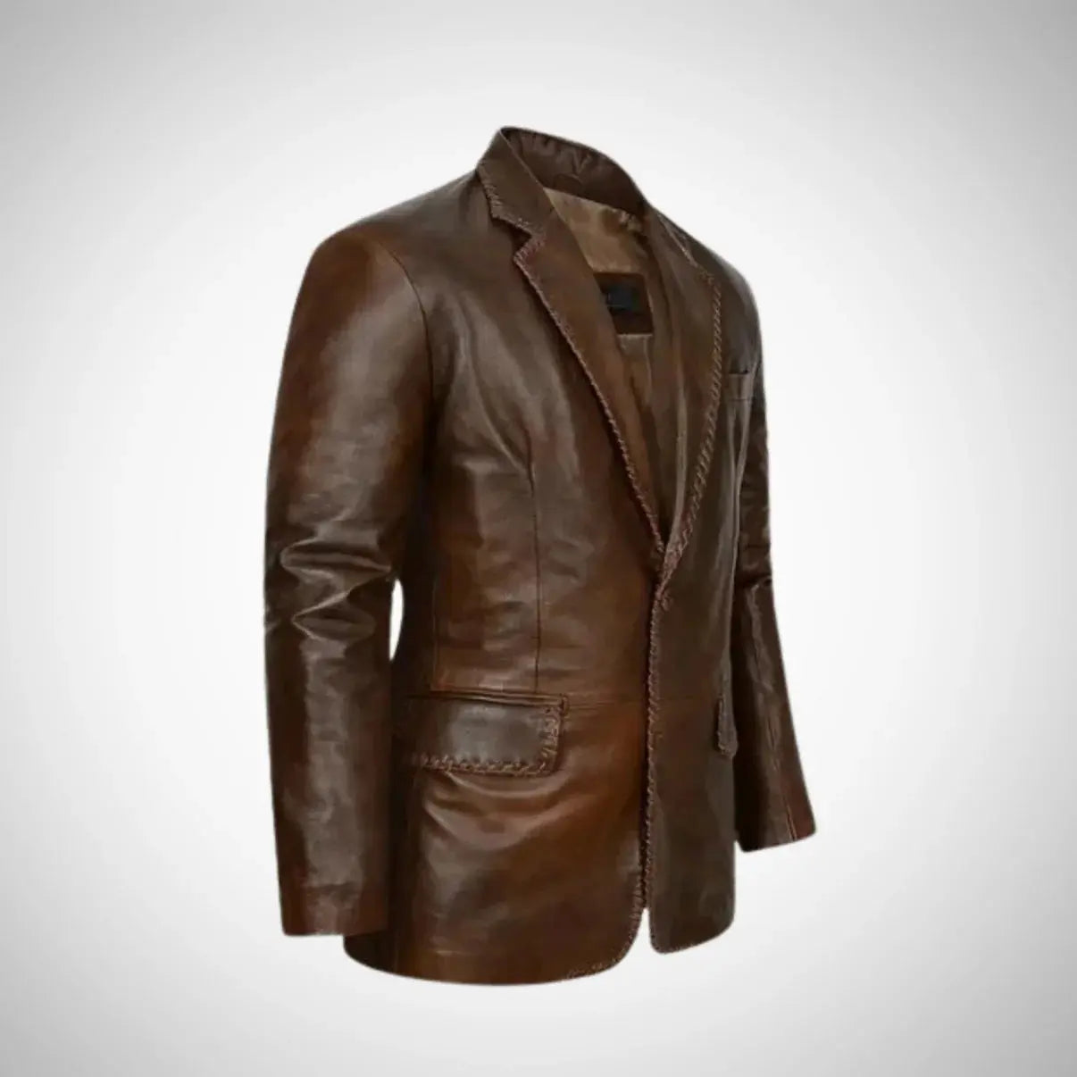 My Store brown leather blazer Real Leather Quilted Coat with braided trim flap pockets and tailored fit