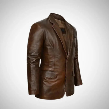 My Store brown leather blazer Real Leather Quilted Coat with braided trim flap pockets and tailored fit