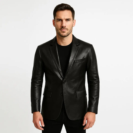Real Leather Quilted Coat black mens blazer jacket on male model by My Store showcasing tailored fit