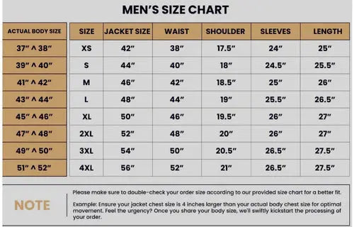 My Store mens size chart for jacket showing measurements XS to 4XL waist shoulder sleeves length Real Leather Quilted Coat
