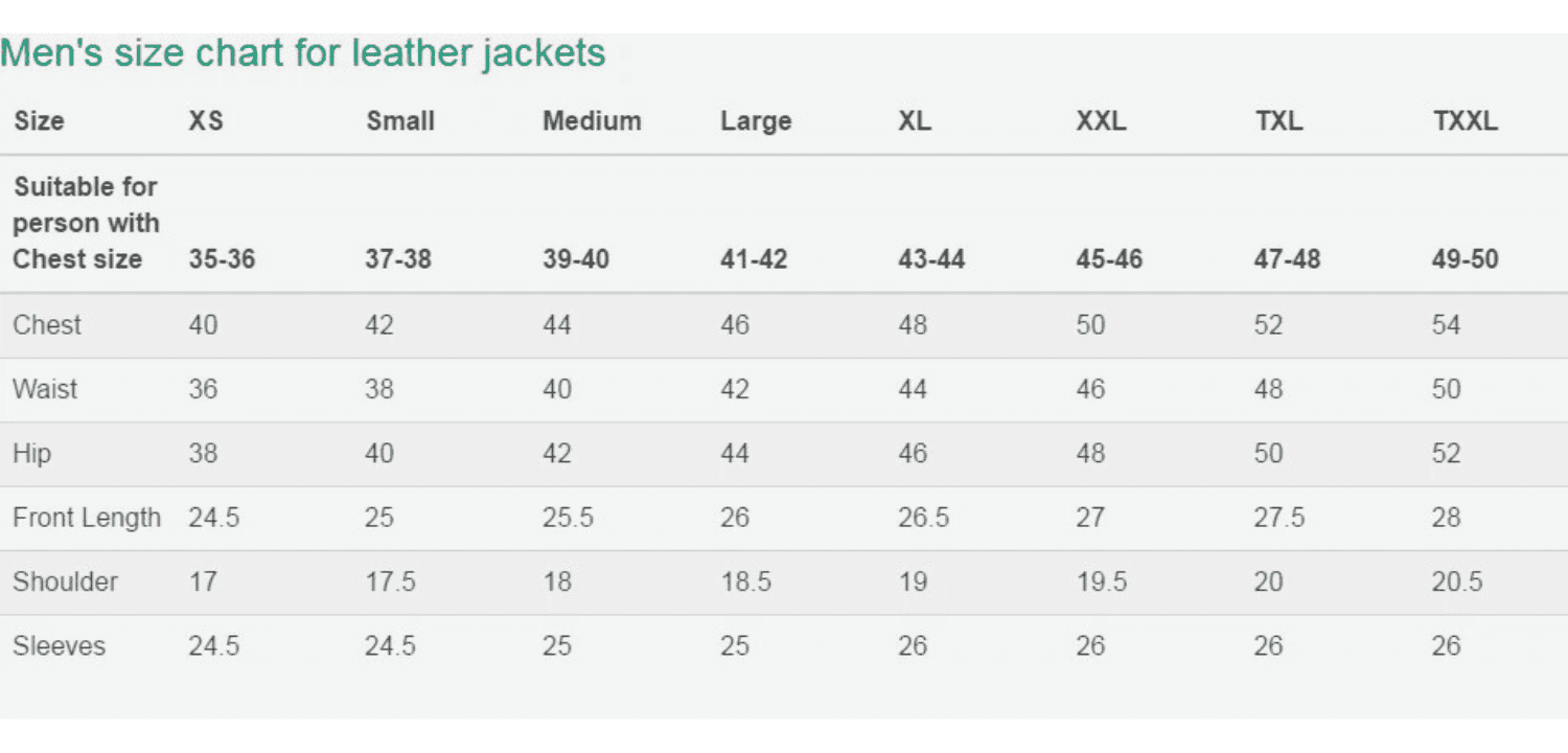 Sheepskin Shearling Coat men size chart for leather jackets showing chest waist hip front length shoulder sleeve measurements