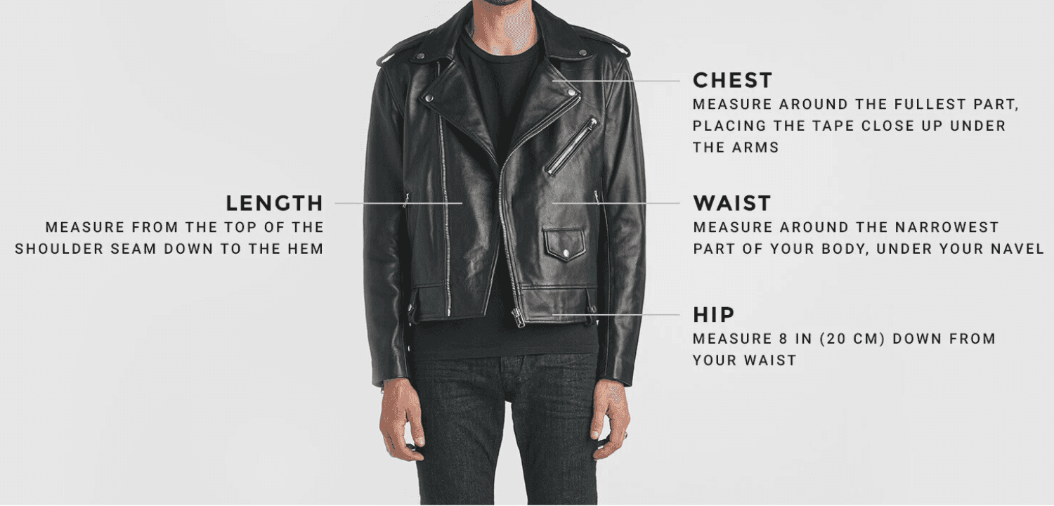 Sheepskin Shearling Coat size guide showing model wearing black moto jacket with chest waist hip and length labels